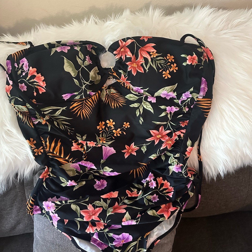 Shade & Shore Black Floral One-Piece Swimsuit with Pink Orange & Purple Blooms